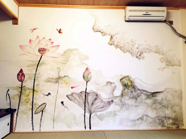 水墨背景墙、榻榻米墙绘、水墨荷花